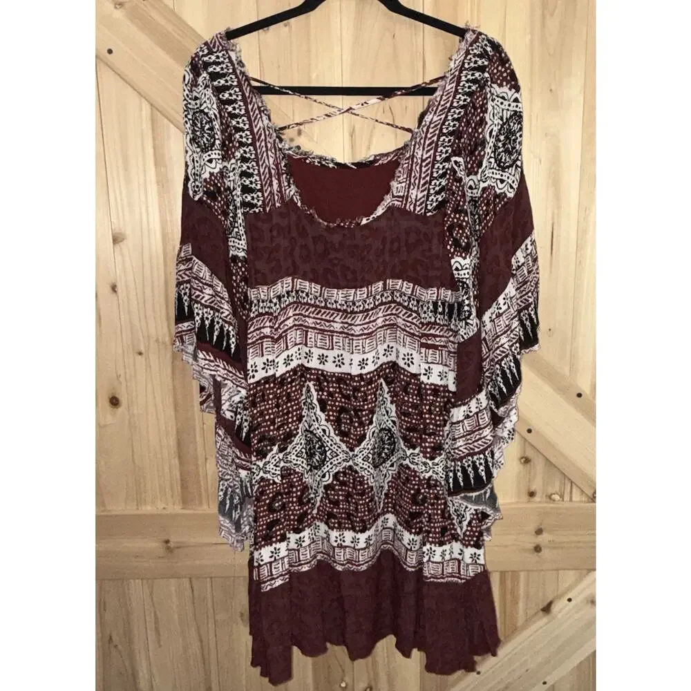 Free People Heart of Gold Red Black Bohemian Peasant Flare Sleeve Dress Sz S